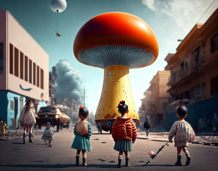 Giant Mushroom Structure in Surreal Urban Setting with Aircraft and Balloons