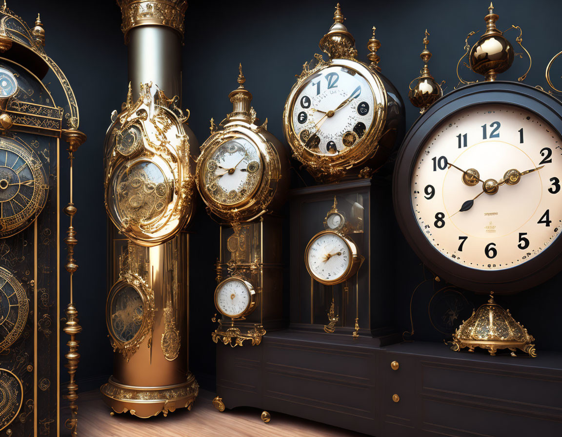 Assorted ornate antique clocks with intricate gold details