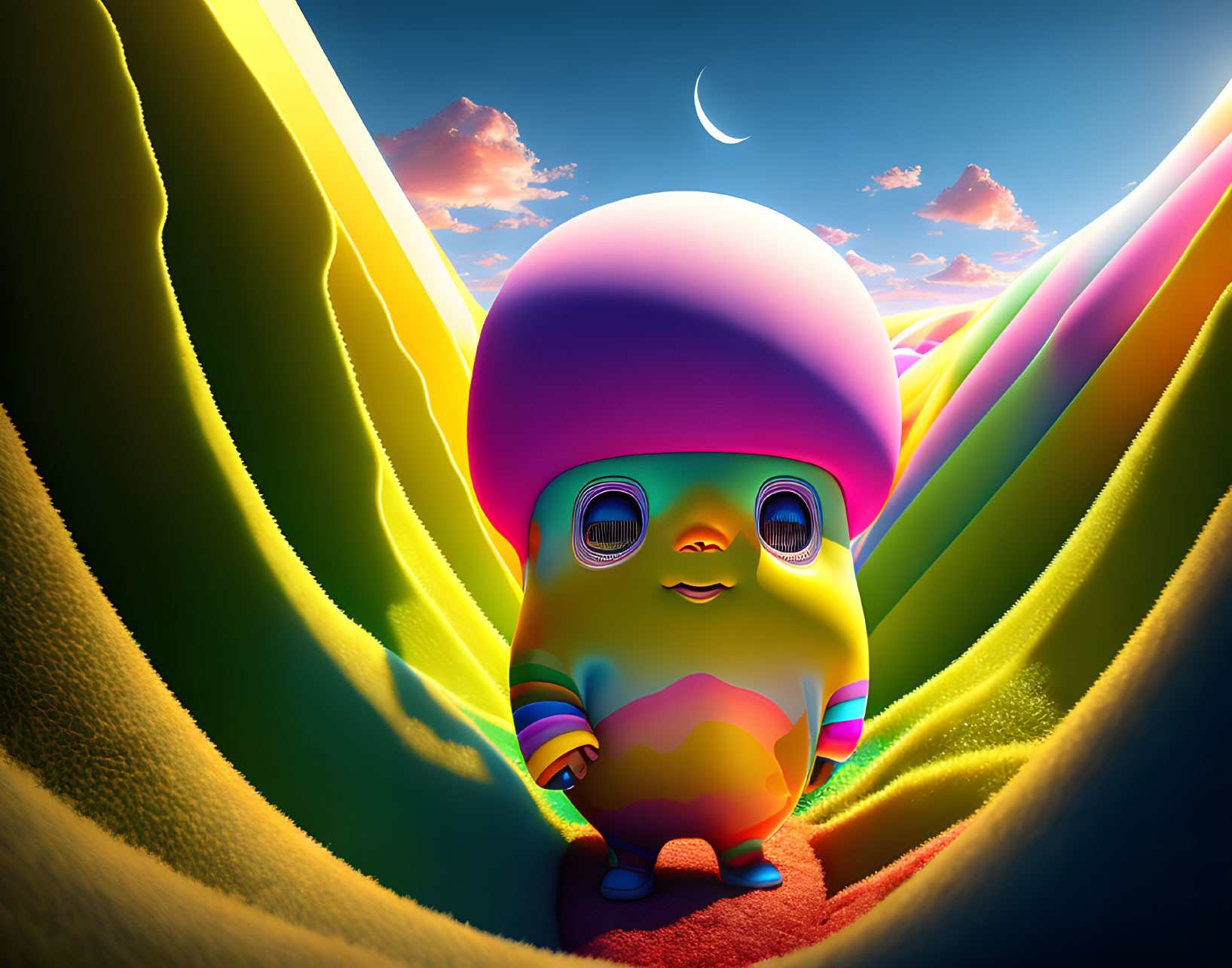 Whimsical creature with shiny helmet in vibrant landscape