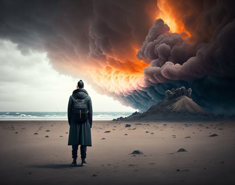 Person in coat and backpack watches volcanic eruption on beach