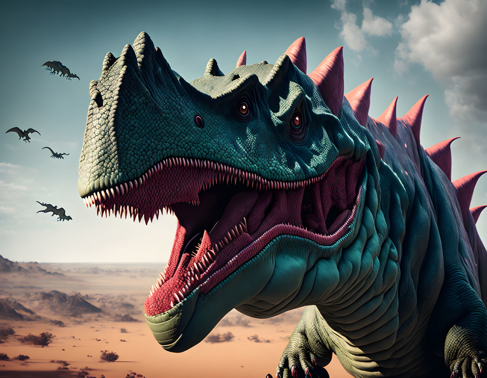 Realistic 3D rendering of green dragon with red spikes in desert landscape