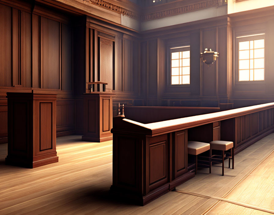 Courtroom Interior with Wooden Paneling and Judge's Bench