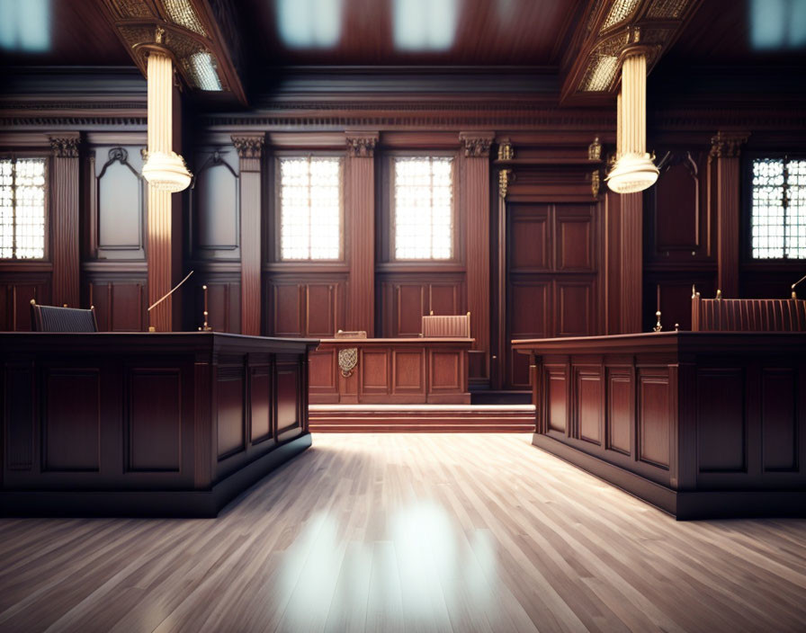 Classic Courtroom Interior with Wooden Paneling & Judge's Bench