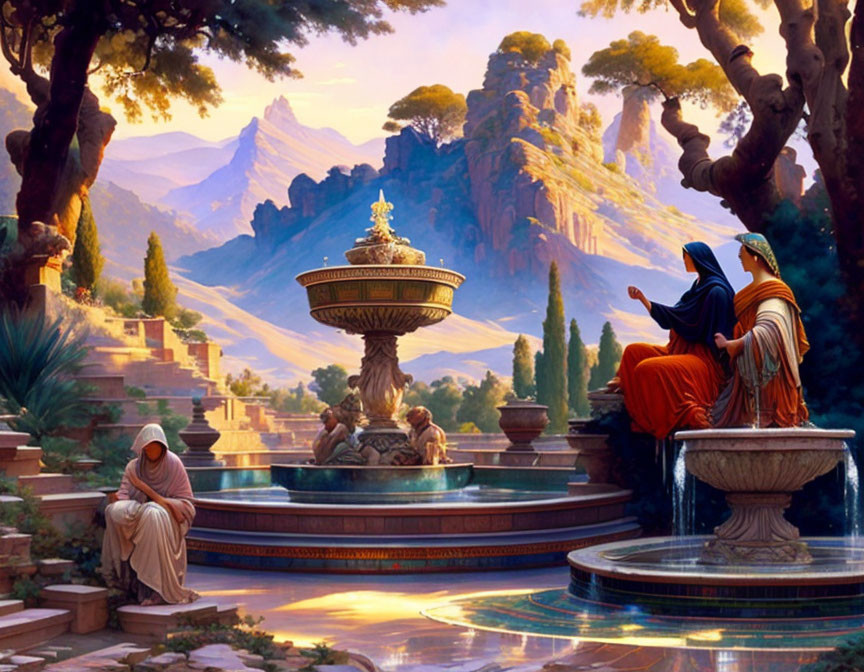 Ancient garden with grand fountain, figures in robes, lush trees, and mountains at sunset