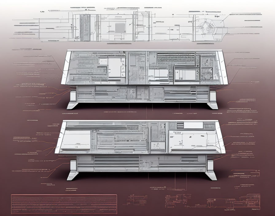 Detailed Modern Building Blueprint with Cross-Sectional Views on Dark Background