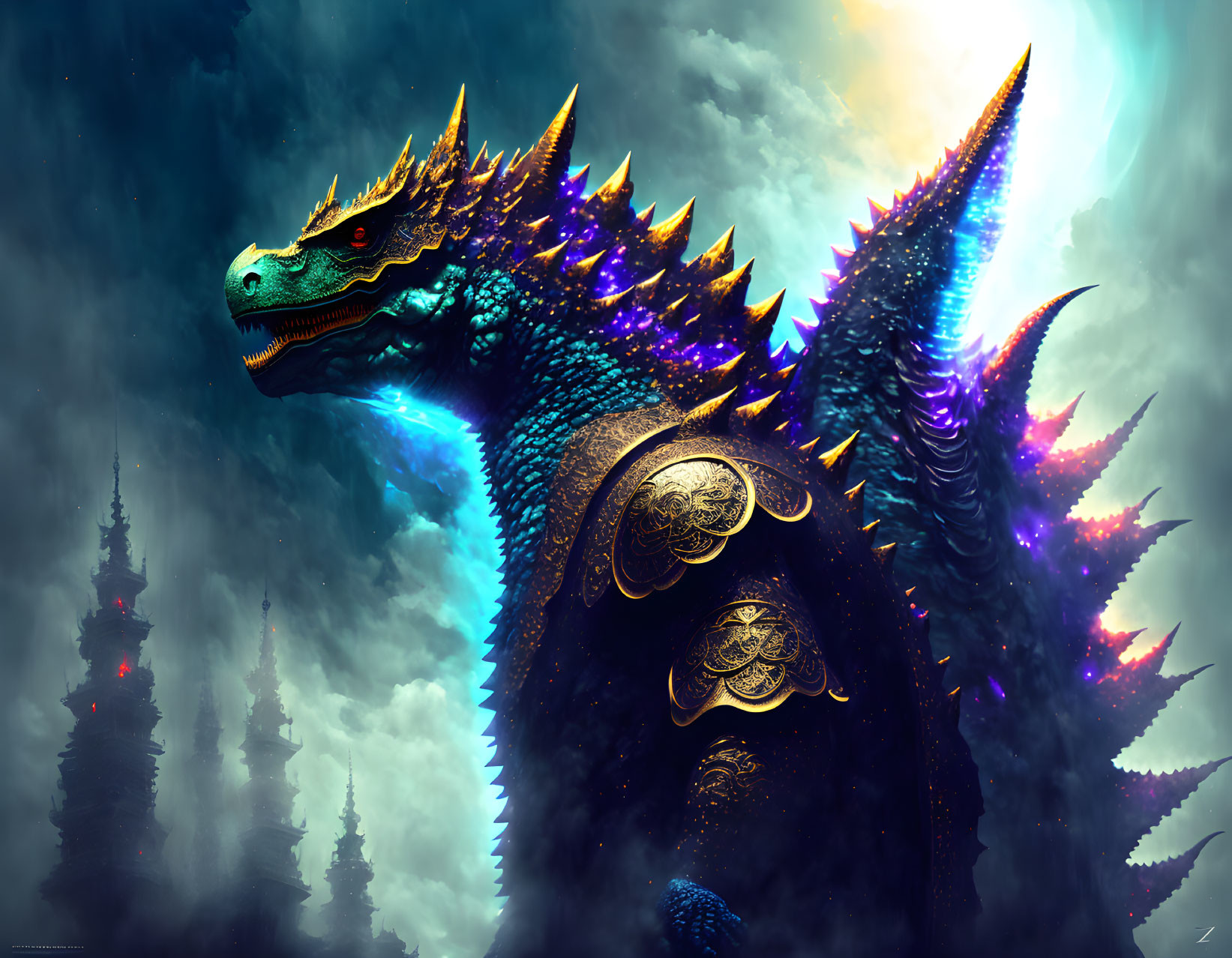 Majestic dragon with iridescent scales against dramatic sky