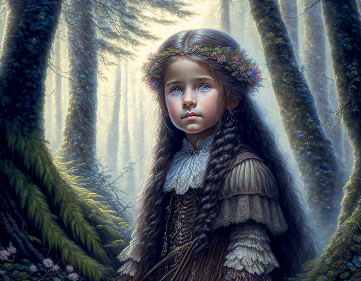 Young girl with floral crown in misty forest, blue eyes and sunlight.