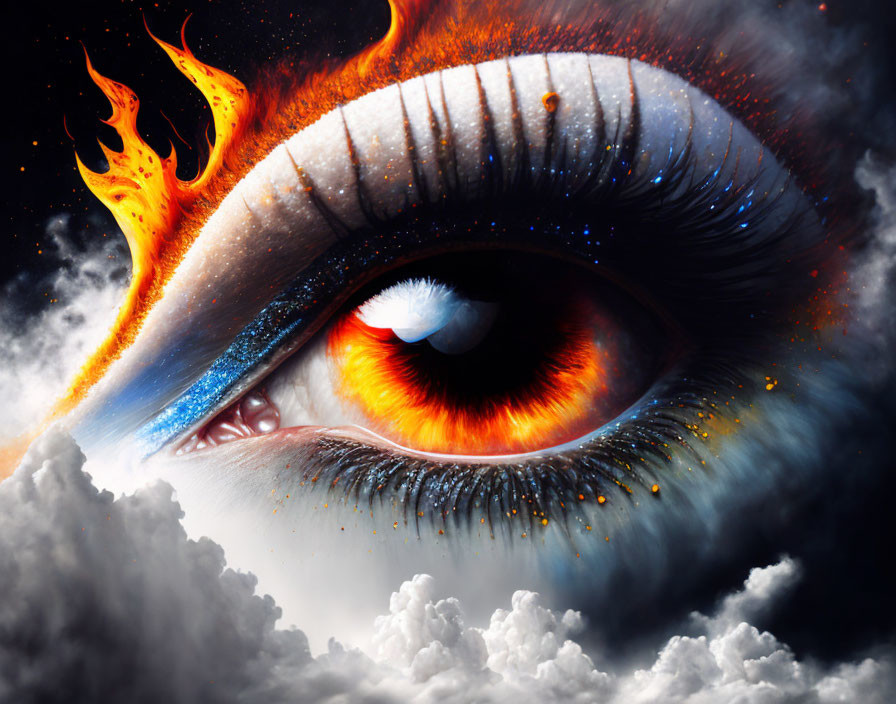 Surreal fiery eye with nebula iris in cosmic setting