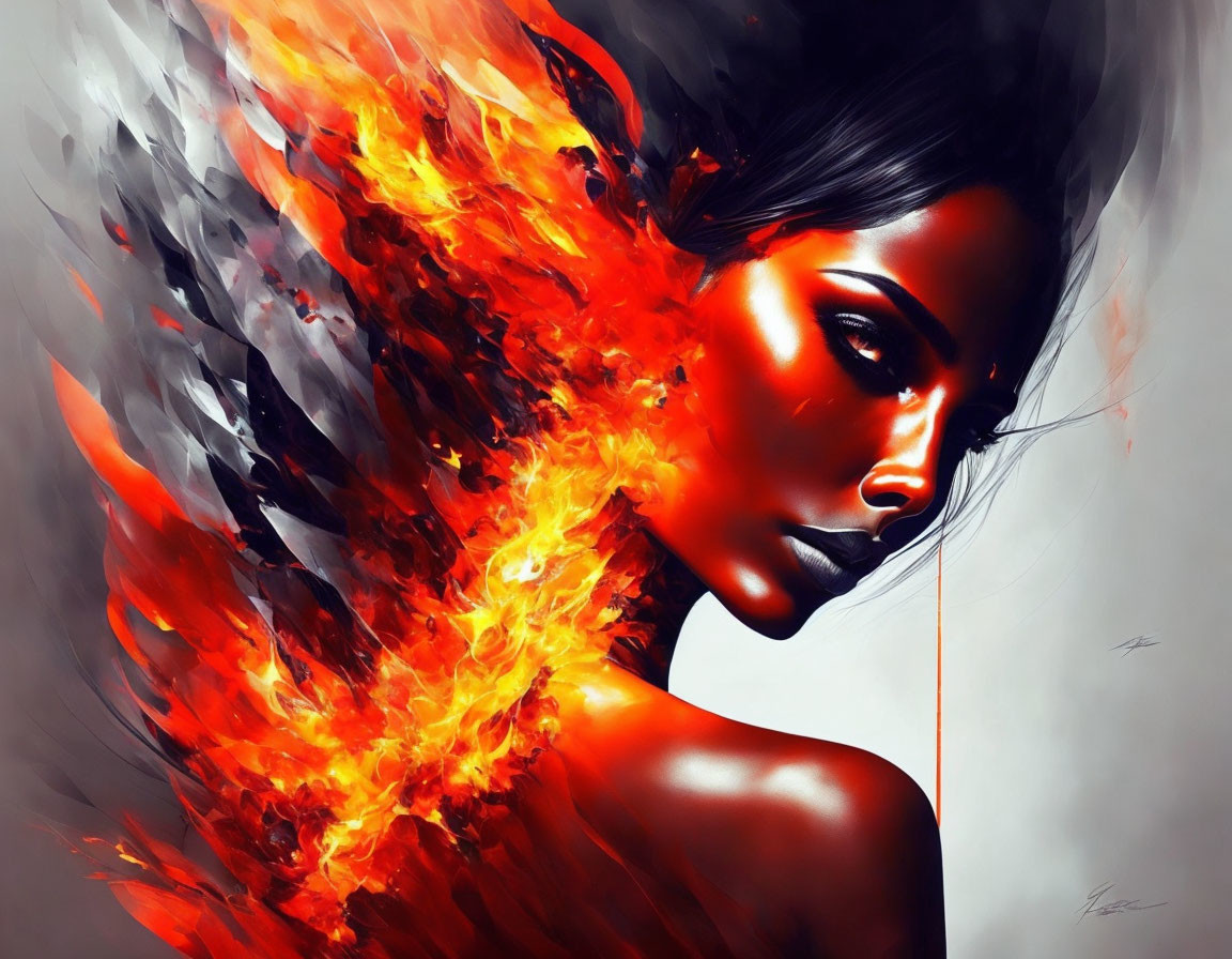 Illustration of woman with fiery and feathered wings in vibrant contrast