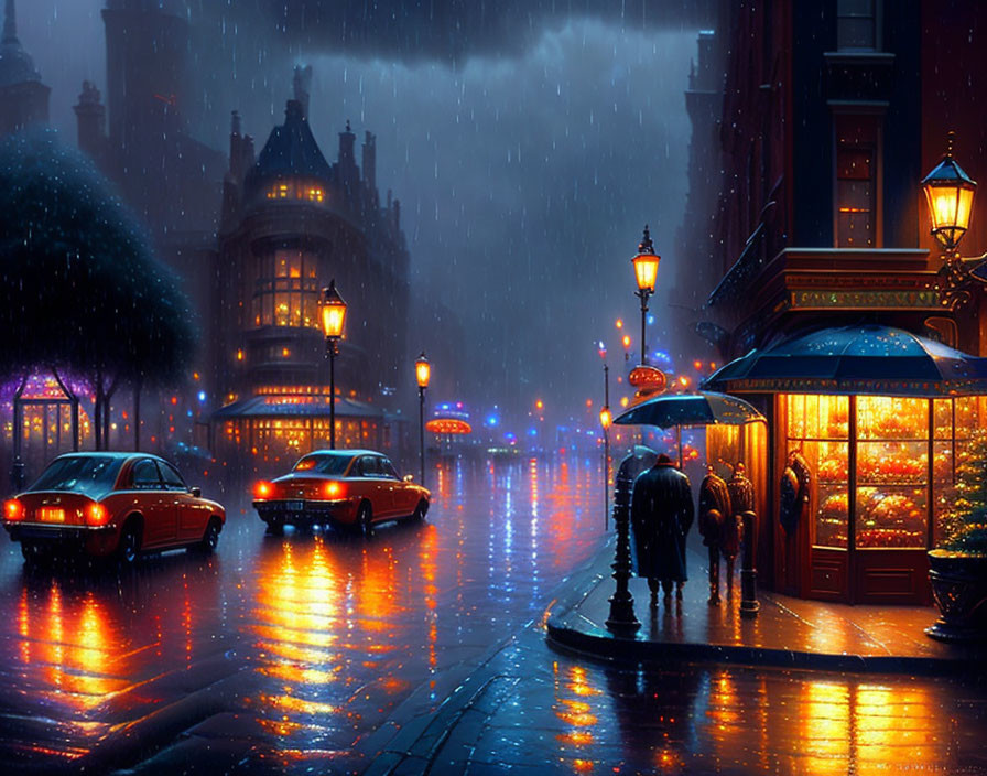 Rainy Evening in Vibrant City Street with Vintage Architecture and Illuminated Lamps