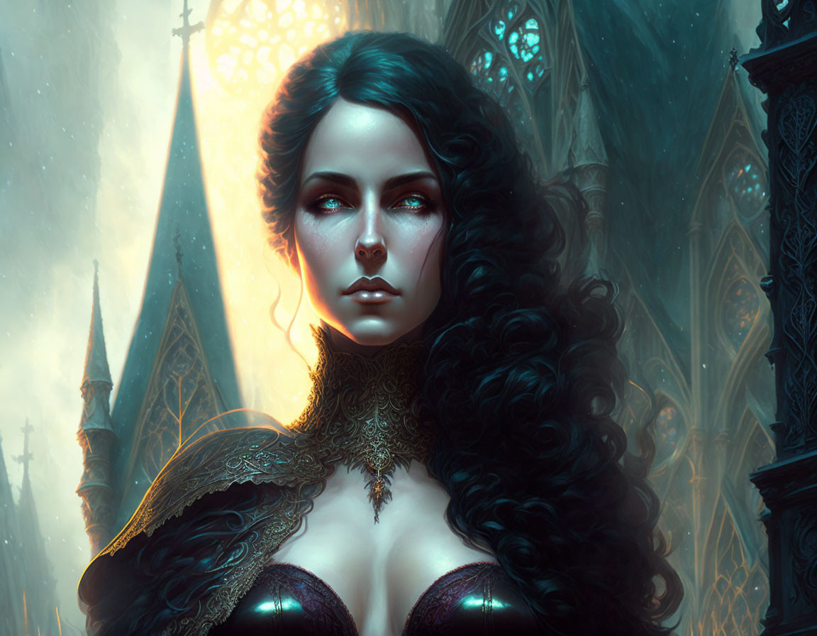Digital artwork: Woman with dark hair, green eyes, Gothic gown, against intricate architecture
