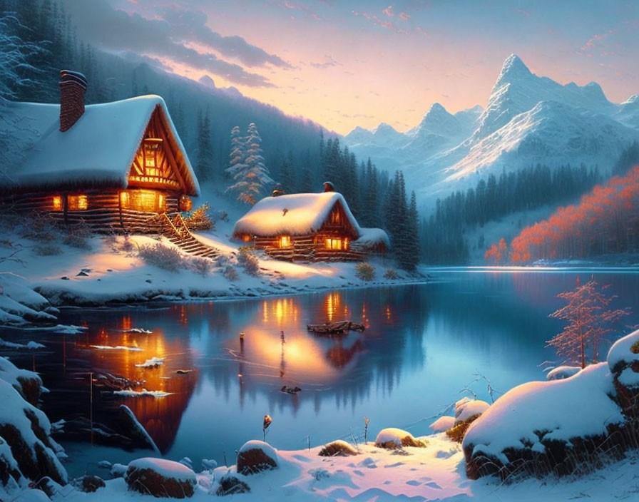 Snow-covered cabins by calm lake in winter dusk