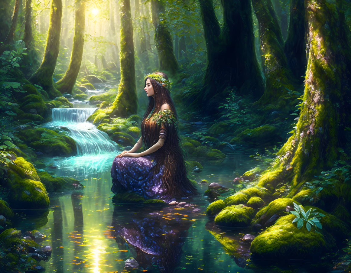 Woman in Blue Dress by Forest Stream: Serene Nature Scene