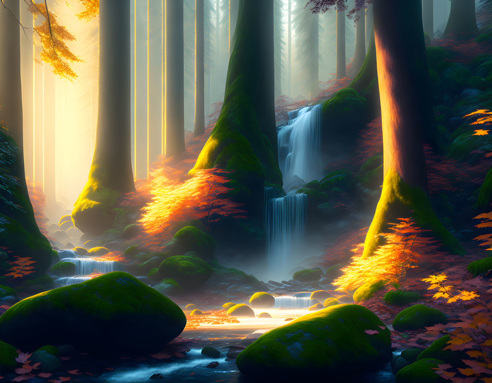 Tranquil forest waterfall with autumn leaves, sunlight, and moss-covered rocks