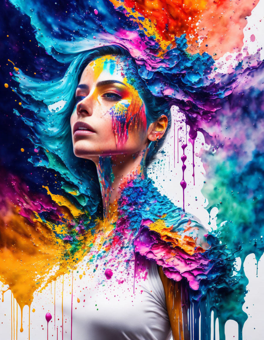 Colorful Paint Splashes Surrounding Woman on White Background