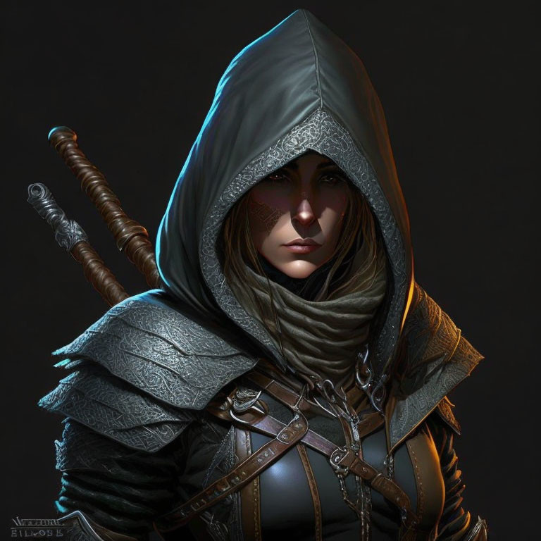 Digital Artwork: Woman in Hooded Cloak and Armor