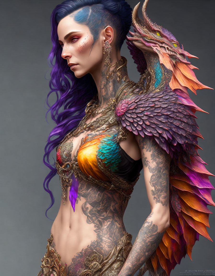 Purple-haired woman with winged shoulder armor and tattoos on grey background