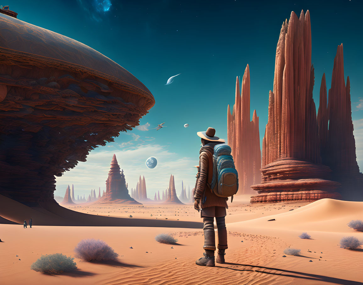 Spacesuited figure on alien planet with rock formations, moons, and spaceship