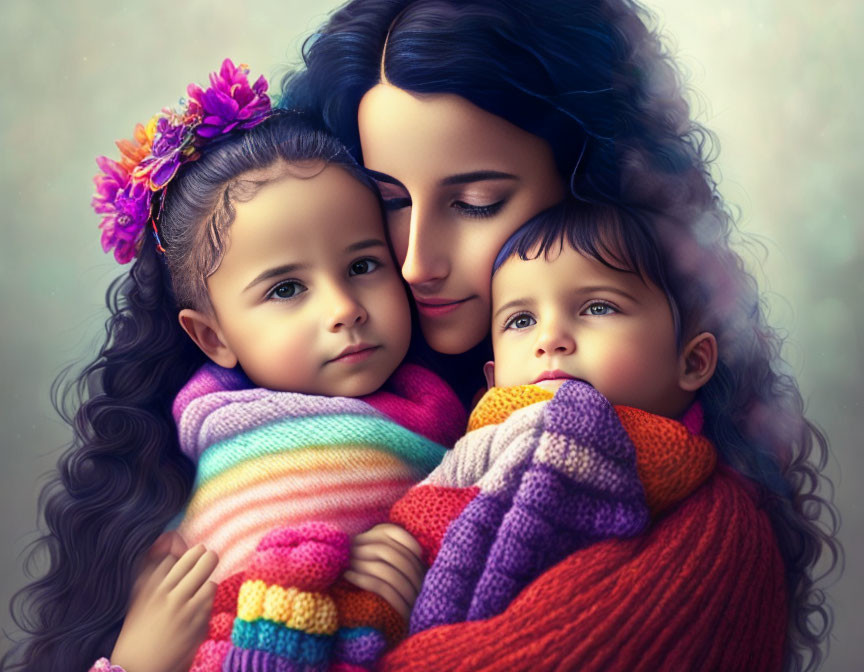 Mother Embracing Two Children in Colorful Knit Blanket