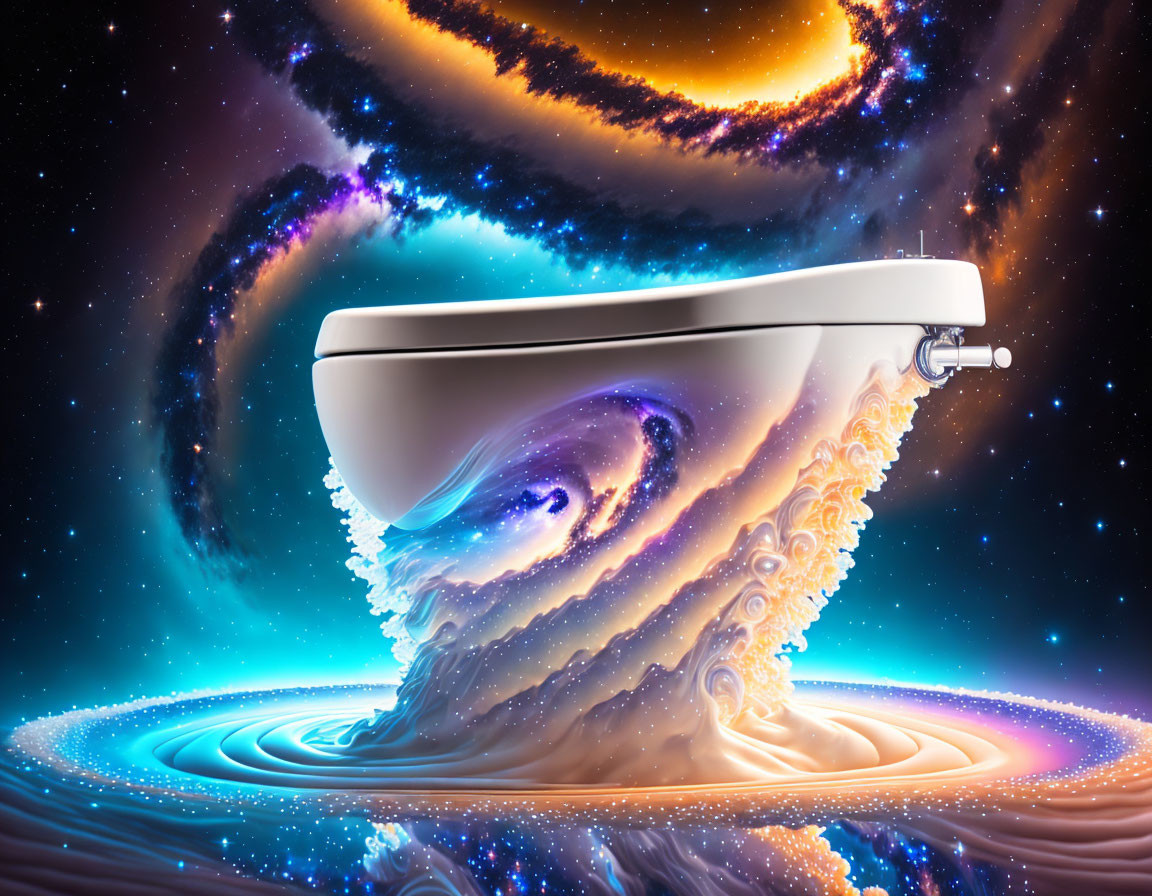 Surreal bathtub with galaxy-like water and cosmic backdrop