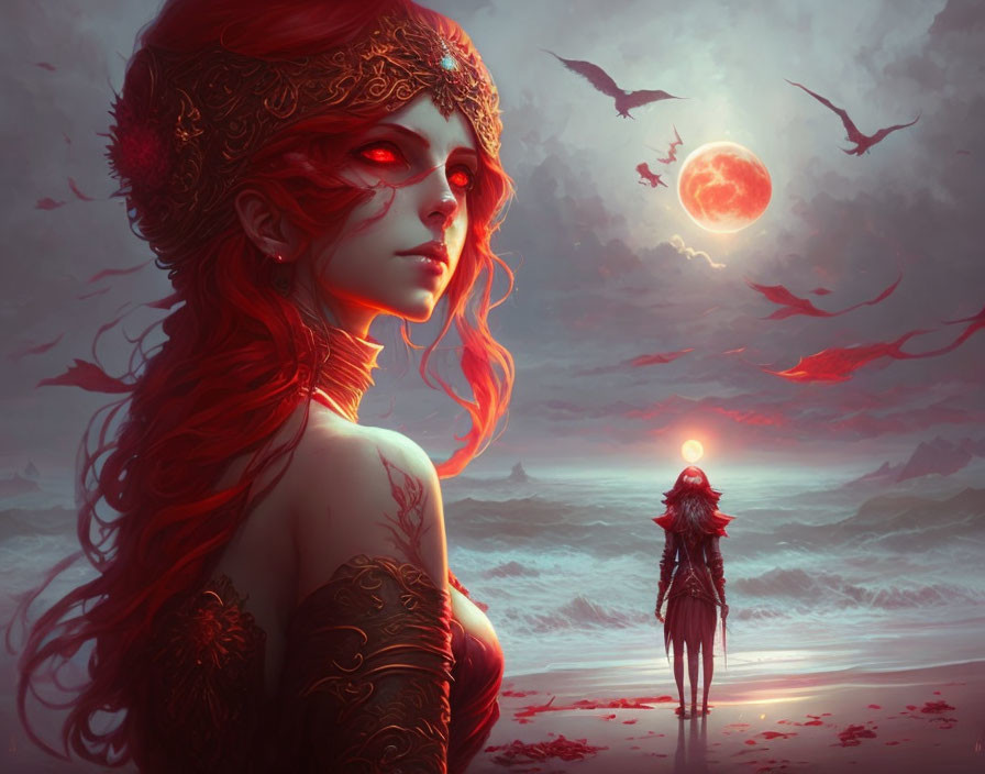 Fantasy artwork: Red-haired female on beach under red moon with flying creatures