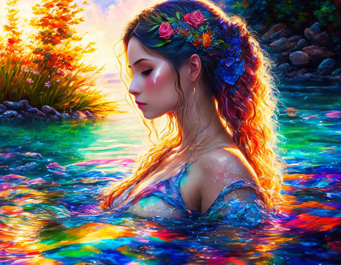 Colorful-haired woman with floral crown in water, serene expression