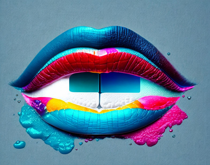 Colorful Lips Artwork with Pill and Liquid Splash