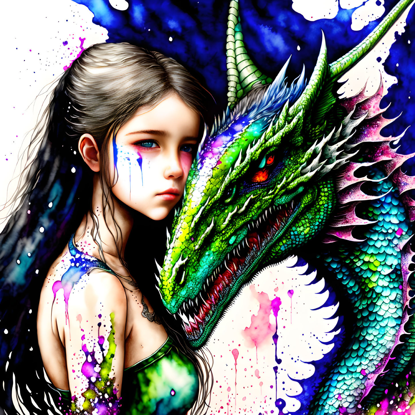 Colorful illustration: Girl with solemn expression and dragon with red eyes in bold paint.