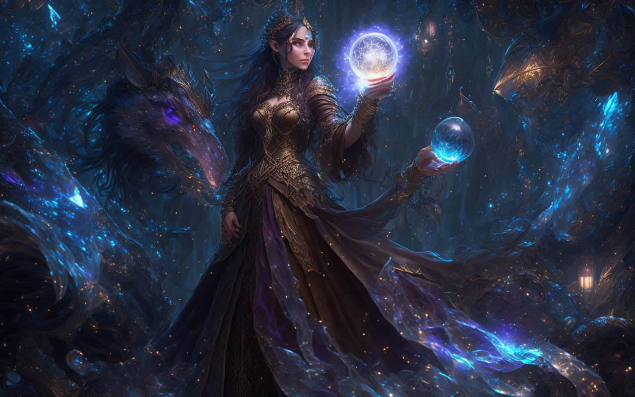 Mystical woman in elaborate attire with glowing orbs and cosmic energy.