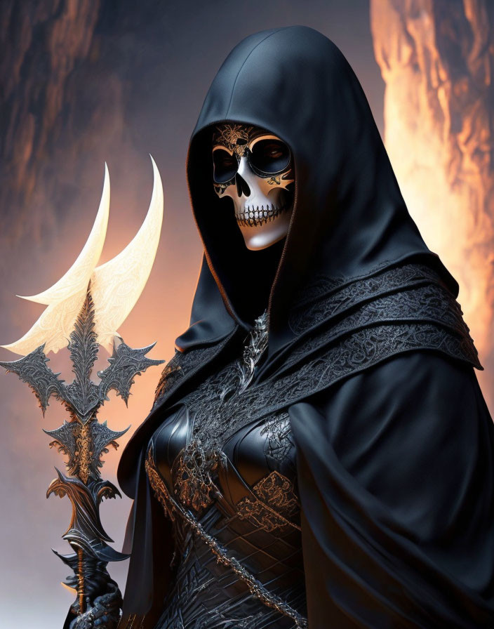 Skull-faced hooded figure with axe in fiery backdrop