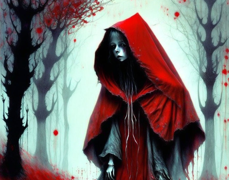 Figure in Tattered Red Cloak in Gloomy Forest with Red Splatters