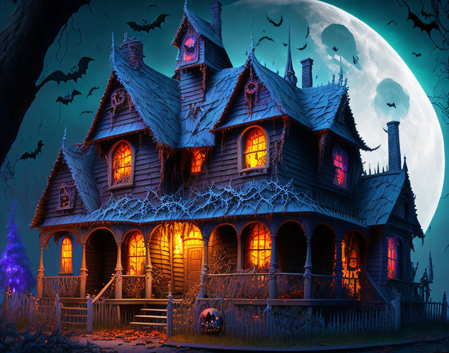 Haunted House with Cobwebs, Pumpkin, Bats, and Full Moon