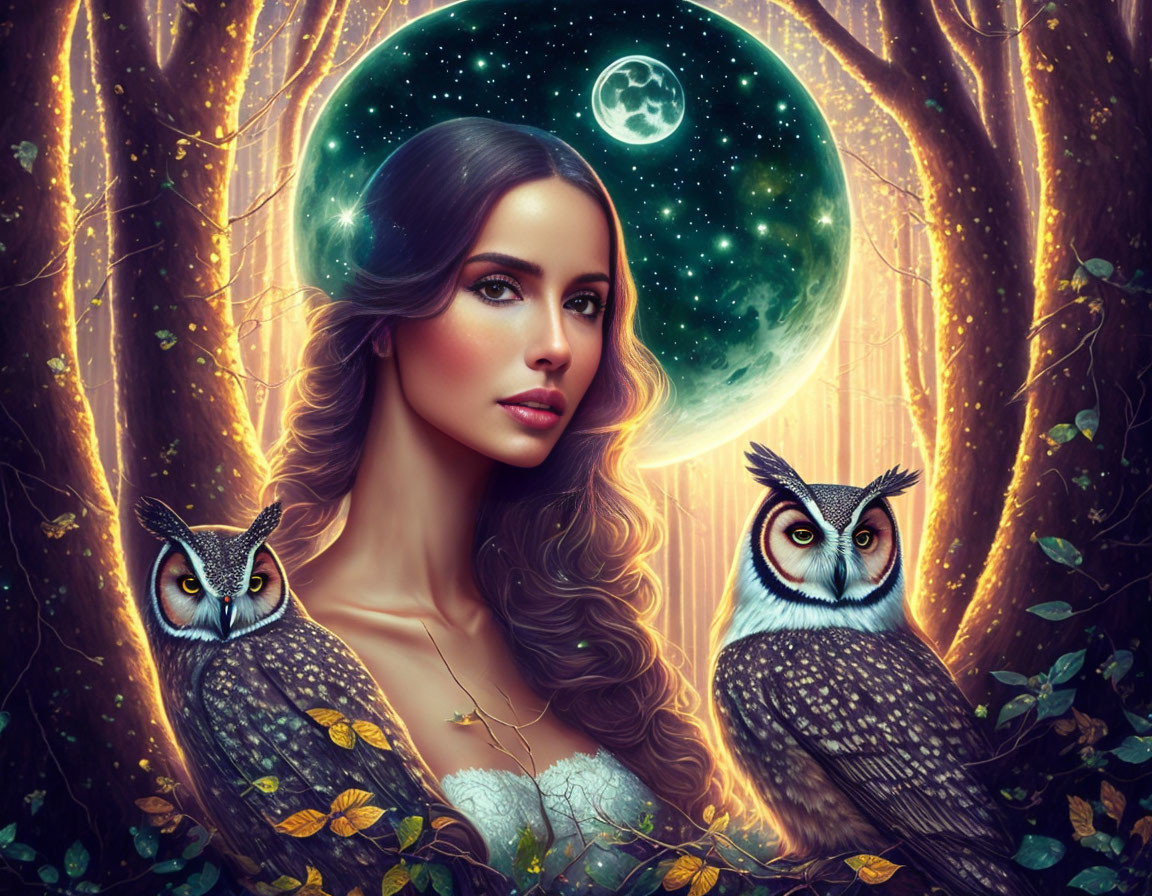 Portrait of woman with long hair, owls, moon, and enchanted forest