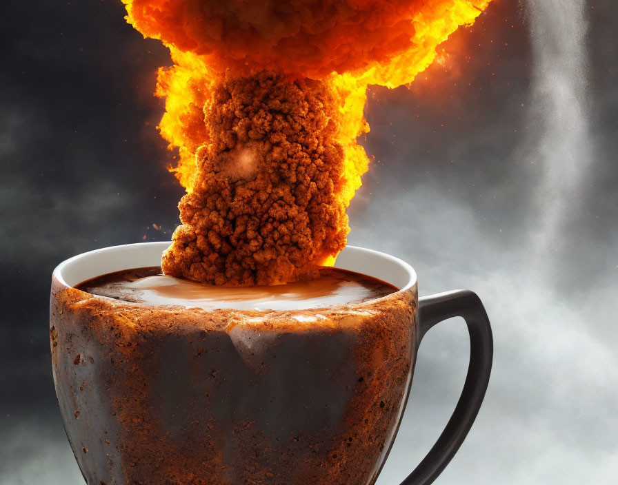 Coffee mug eruption resembling volcanic blast against stormy sky.