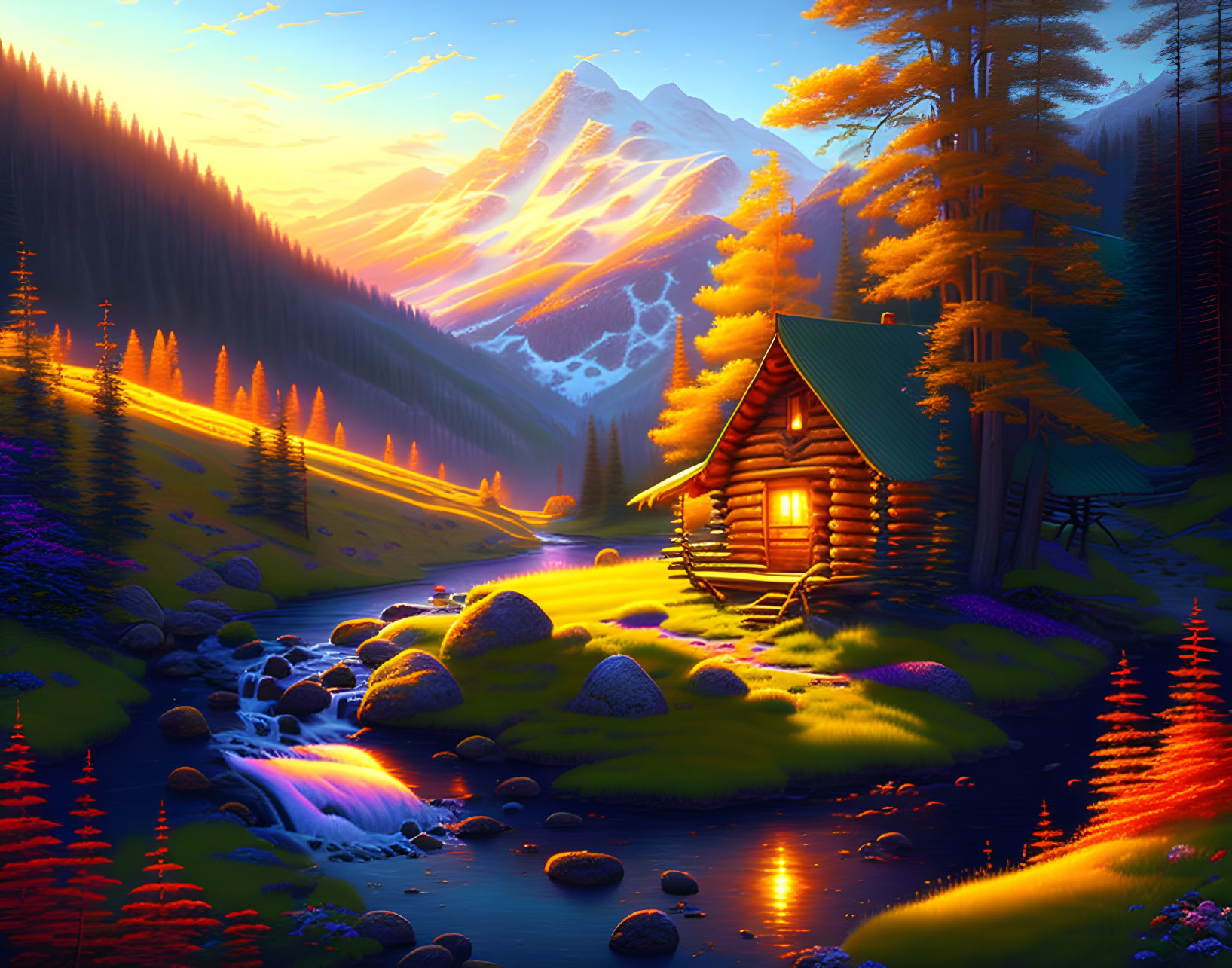 Scenic forest cabin by stream at sunset