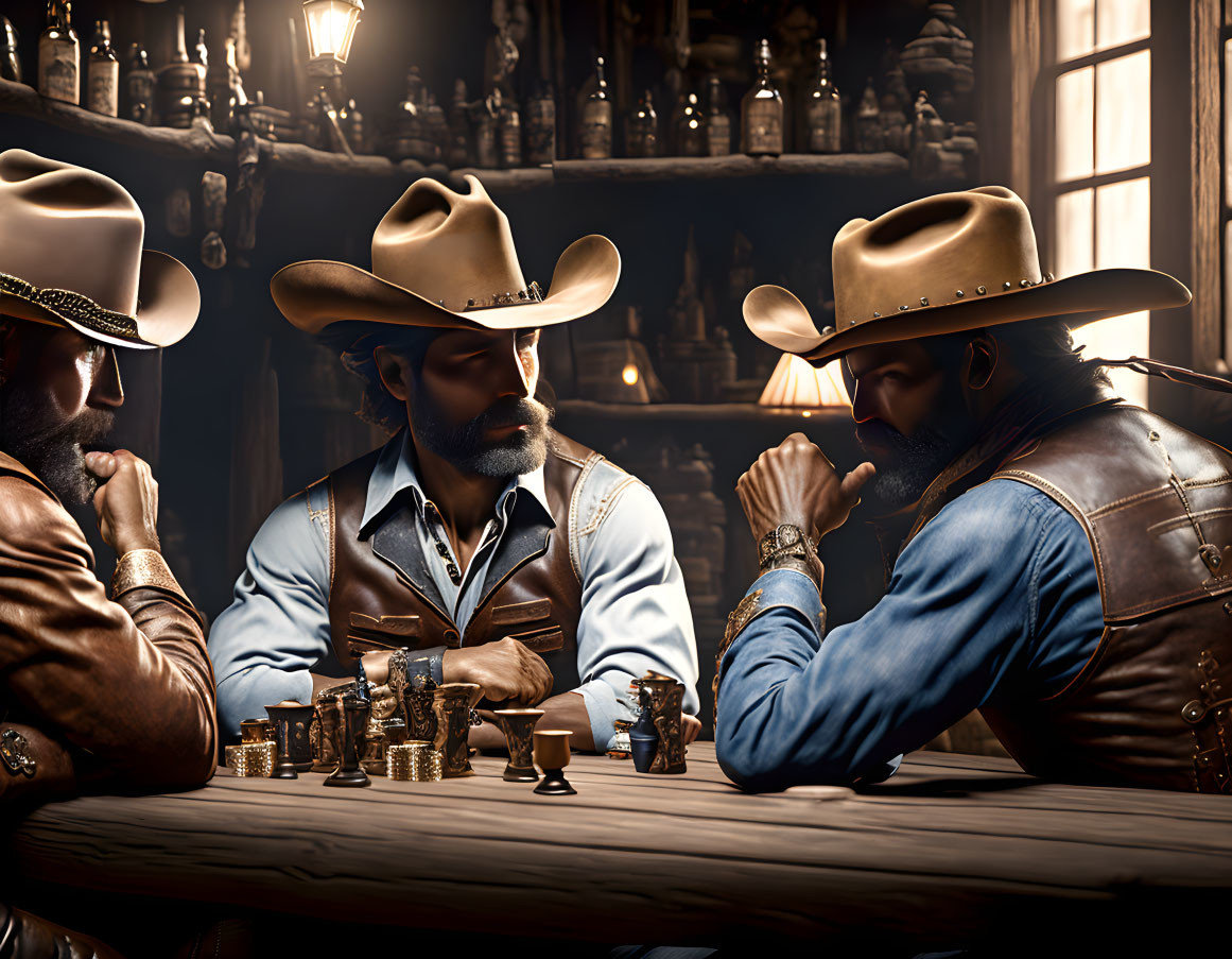 Cowboys playing poker in dimly-lit saloon with coins and vintage decor.