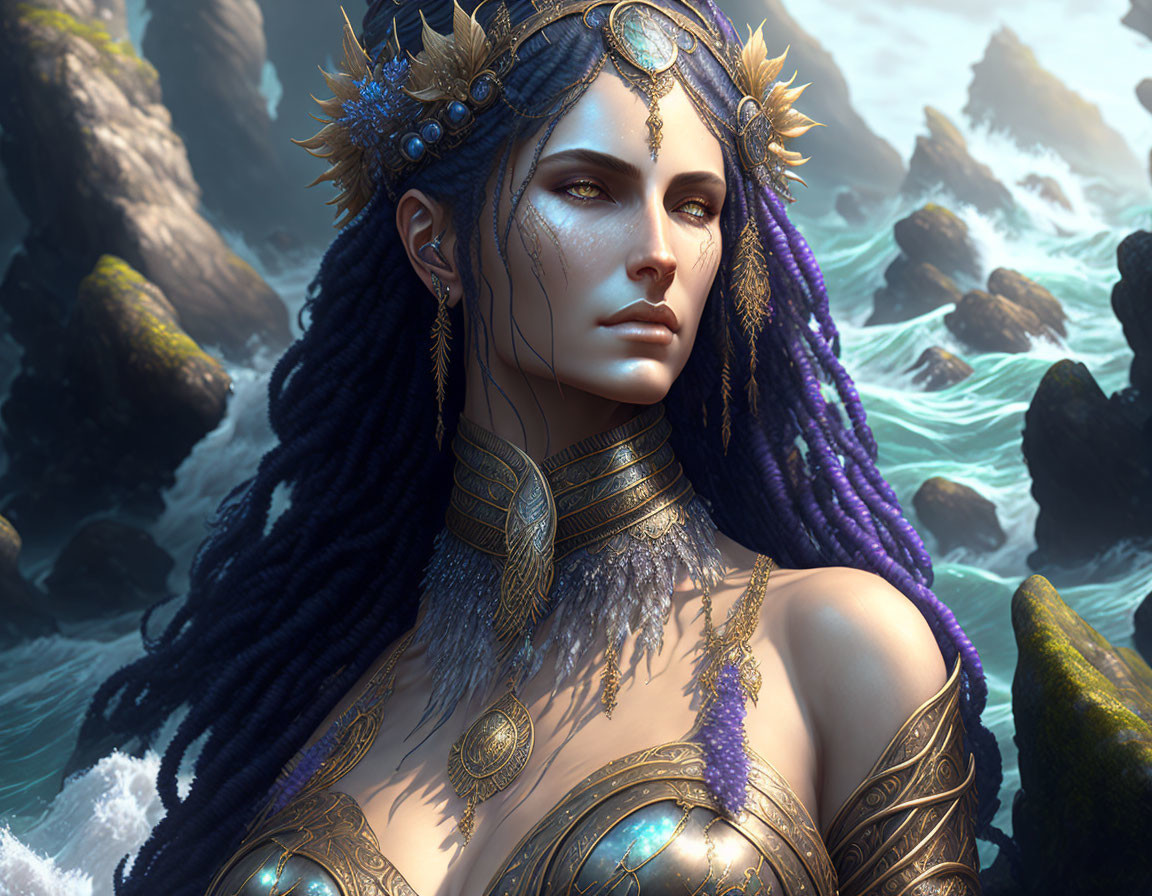 Regal female figure with blue skin and purple hair by rocky seaside