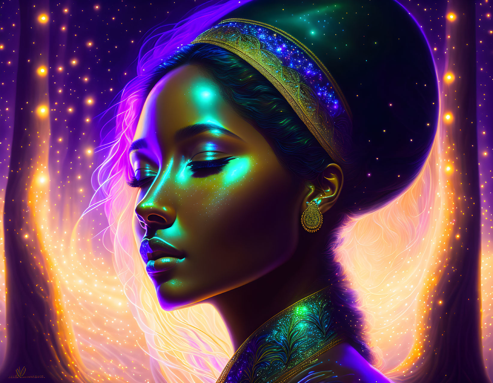 Digital Artwork: Woman with Luminous Purple and Blue Skin, Golden Jewelry, Cosmic Background