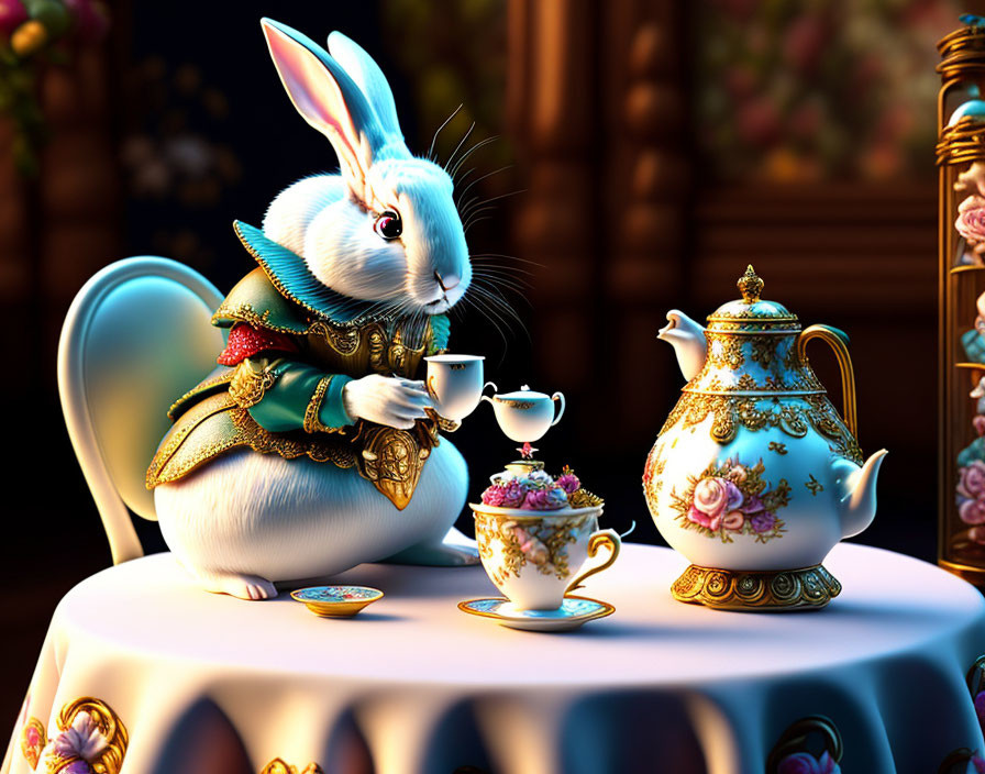 Anthropomorphic rabbit sipping tea in elegant setting