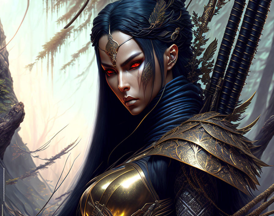 Blue-skinned fantasy warrior in golden armor with red eyes in misty forest.