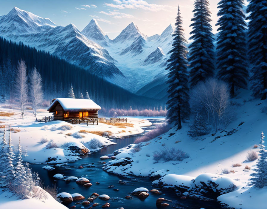 Snow-covered cabin by stream, lit windows, snowy pines, mountains, twilight sky