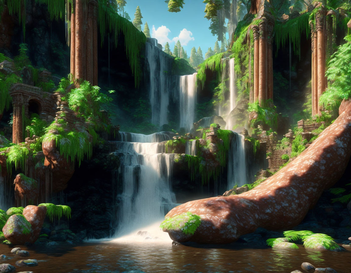 Tranquil waterfall in lush forest with ancient ruins