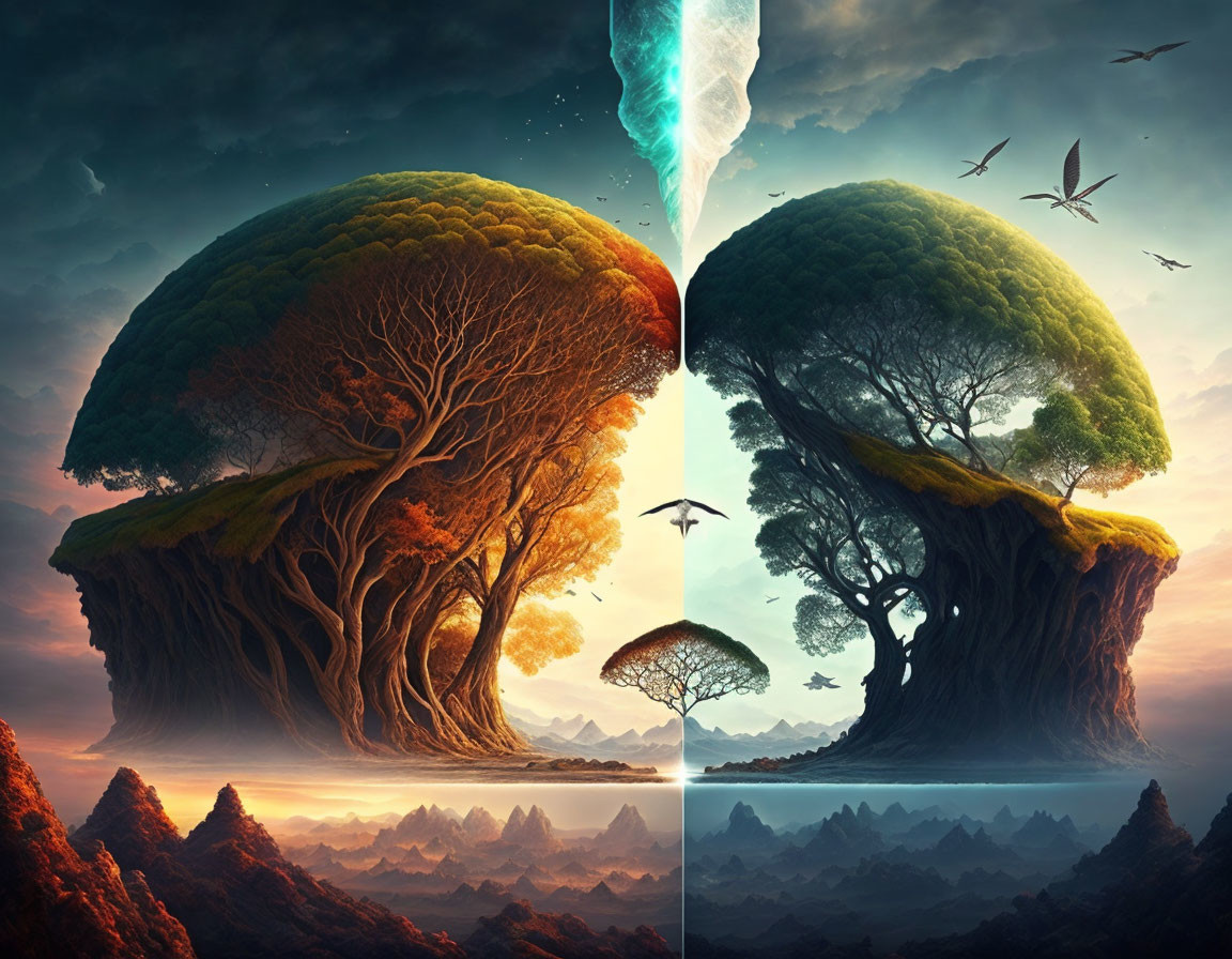 Surreal artwork: Floating tree-covered islands with birds and mystical light beam