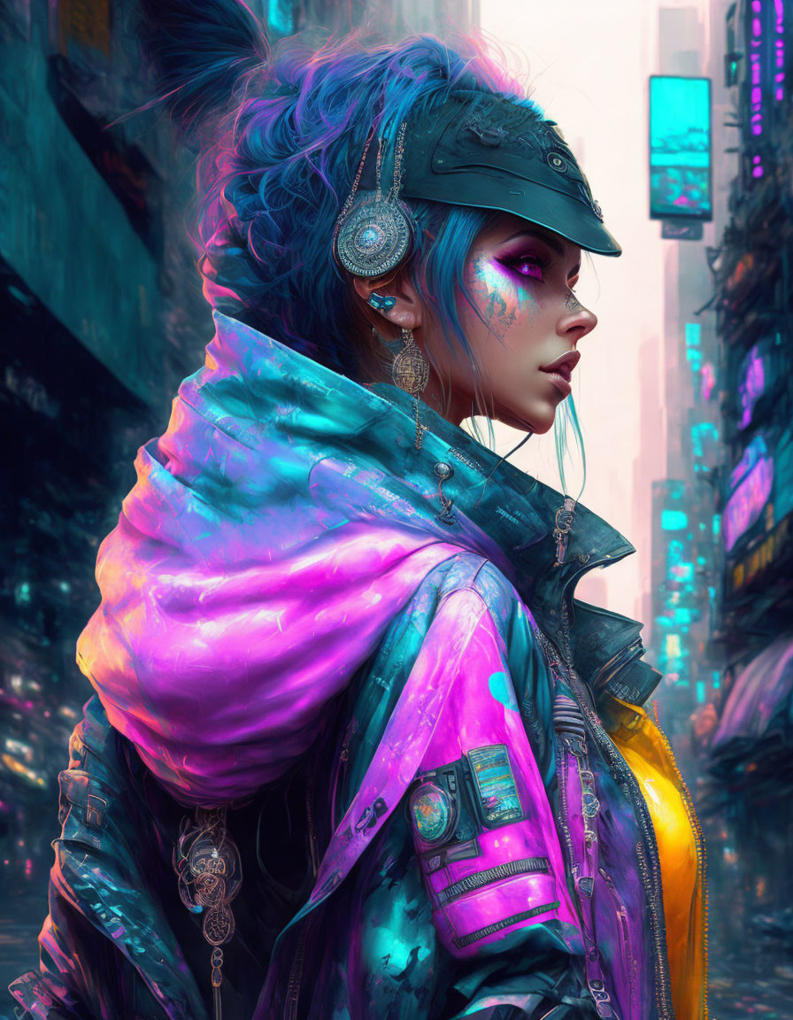 Futuristic woman with iridescent clothing and cybernetic enhancements in neon-lit urban setting