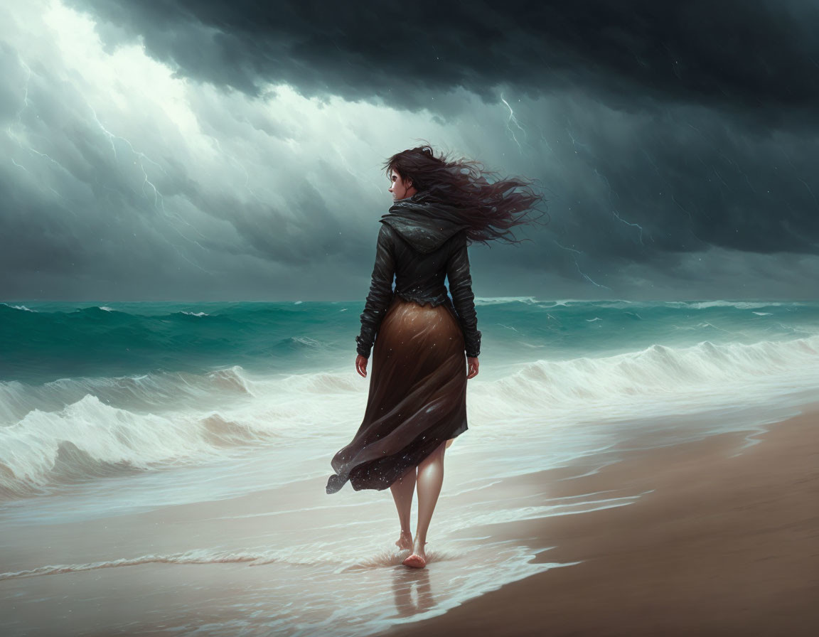 Woman walking on stormy beach with billowing hair and dress under dark clouds.