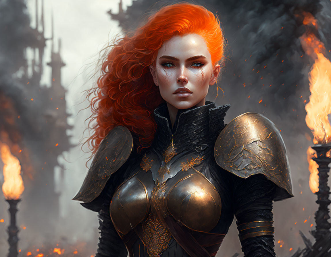 Warrior with Red Hair in Gold Armor on Flame-filled Battlefield