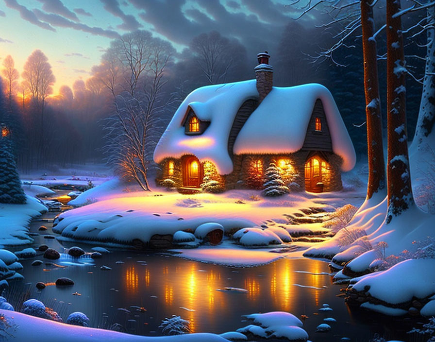 Snow-covered cottage by serene river in twilight forest