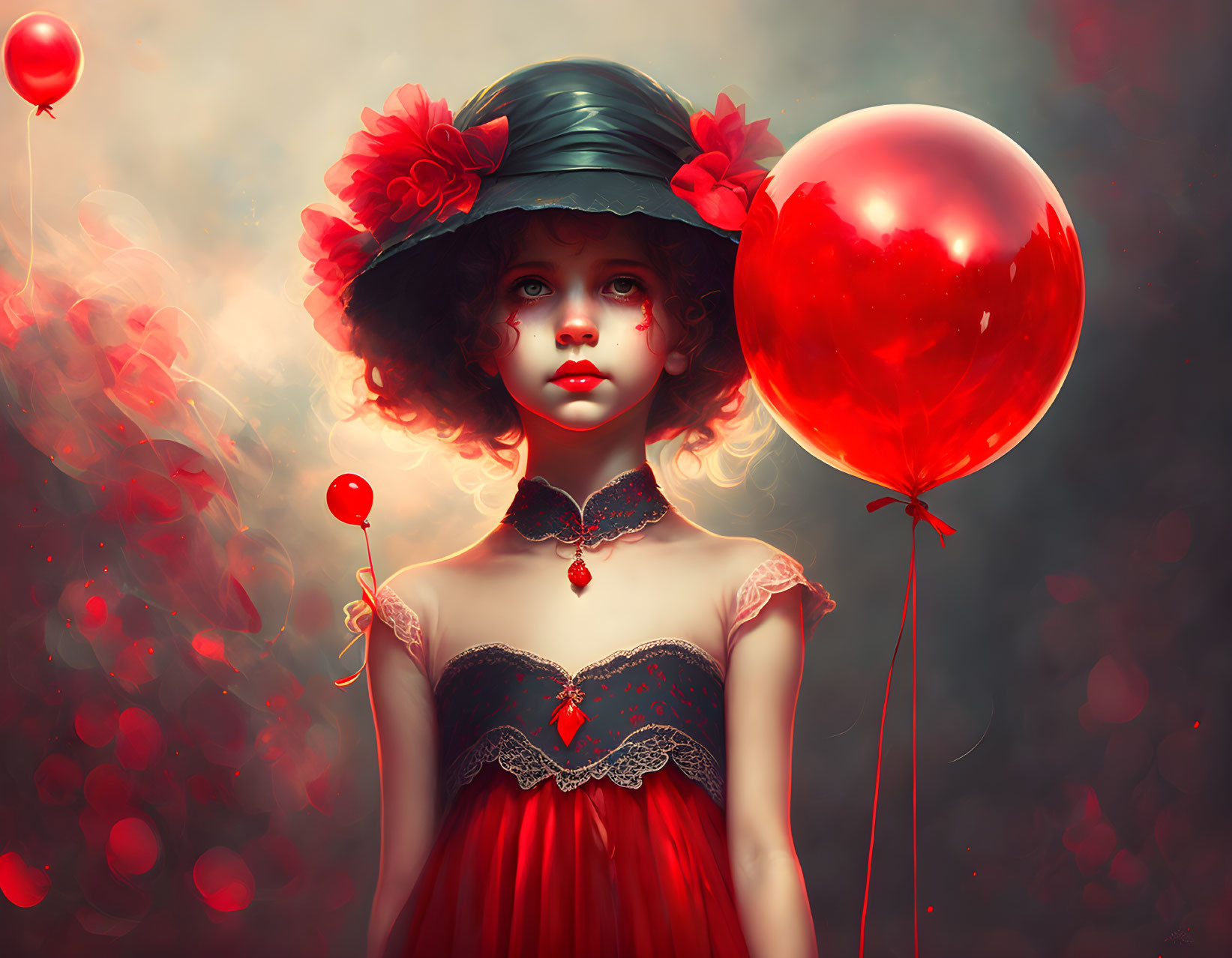 Girl in Red Dress and Hat Holding Red Balloons on Smoky Background