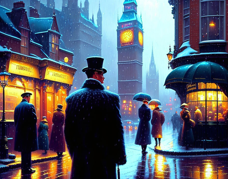 Man in top hat in snowy evening street with Big Ben in background