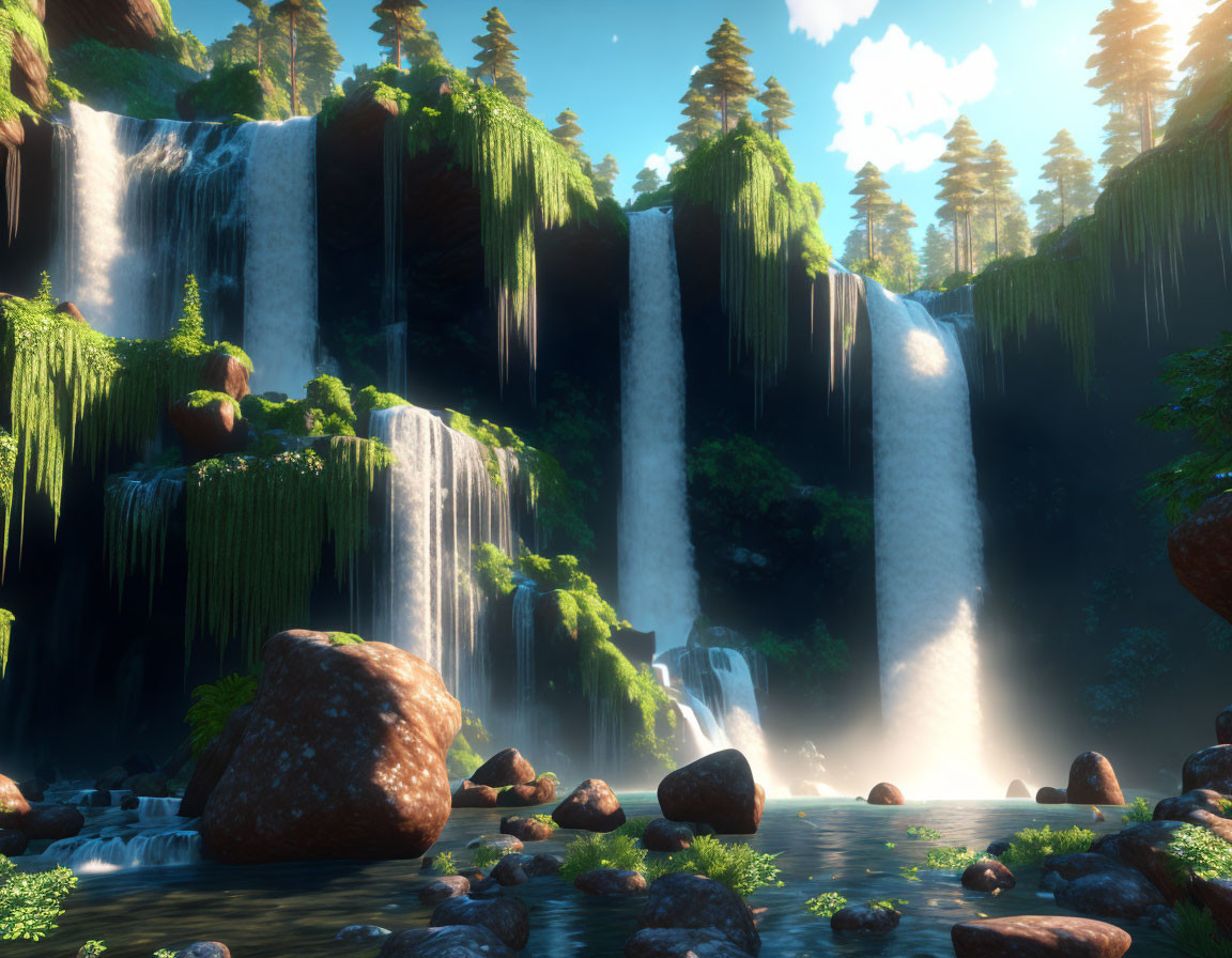 Tranquil waterfall scene with lush vegetation and moss-covered cliffs